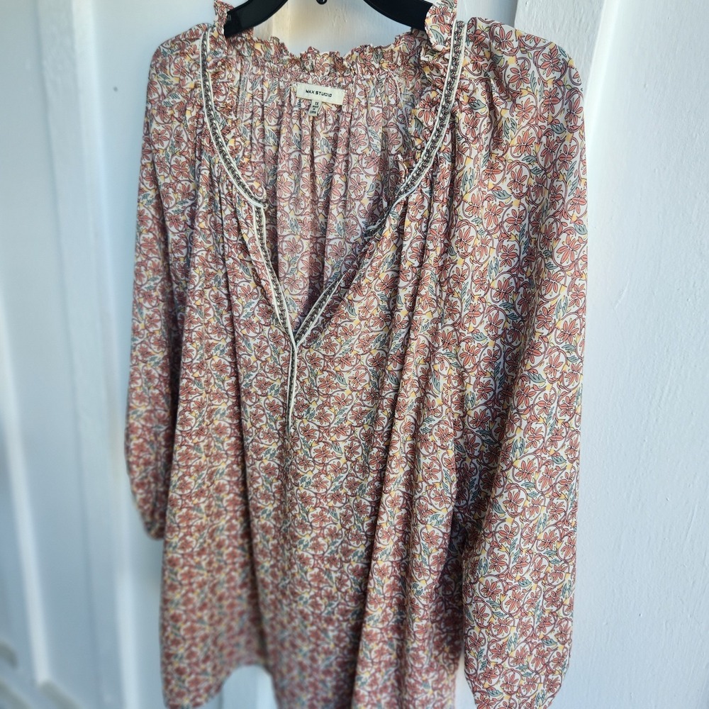 Max Studio Boho Ruffled Collar Tunic Blouse Size 1X 3/4 Sleeve Hippie Peasant - Picture 3 of 10